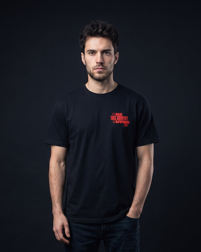 Mann trägt das WORN OPINIONS T-Shirt Let's make this country worth living again in Schwarz von vorn, kleiner Brustprint mit dem Statement