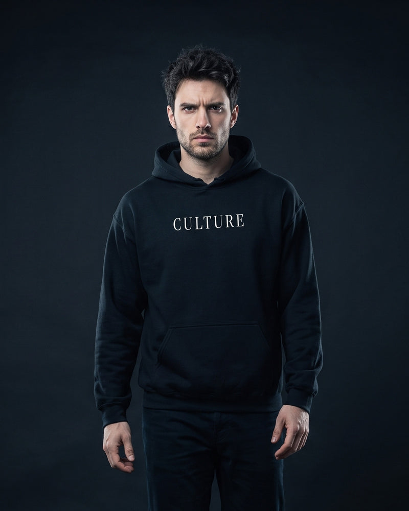 Mann trägt den WORN OPINIONS Hoodie Culture is worth keeping in Schwarz von vorn, Brustprint Culture