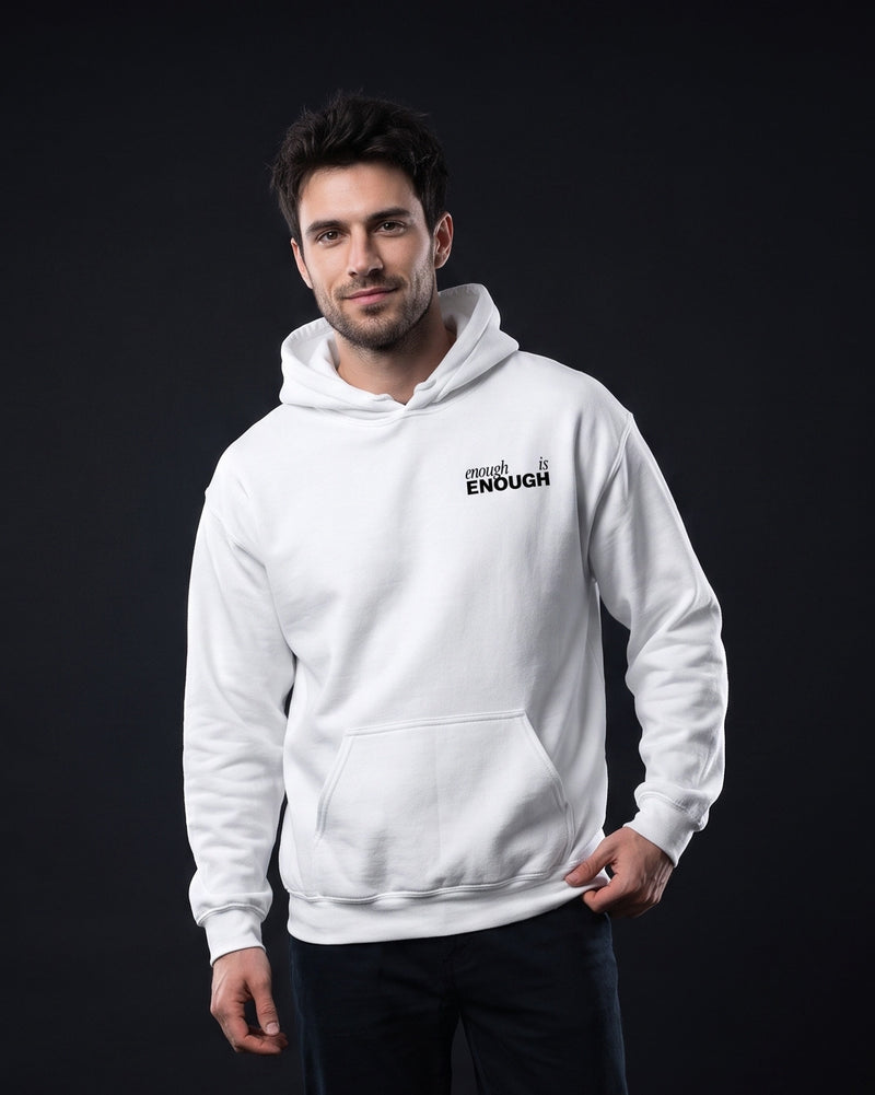 Mann trägt den WORN OPINIONS Hoodie Enough is enough in Weiß, Brustprint enough is ENOUGH