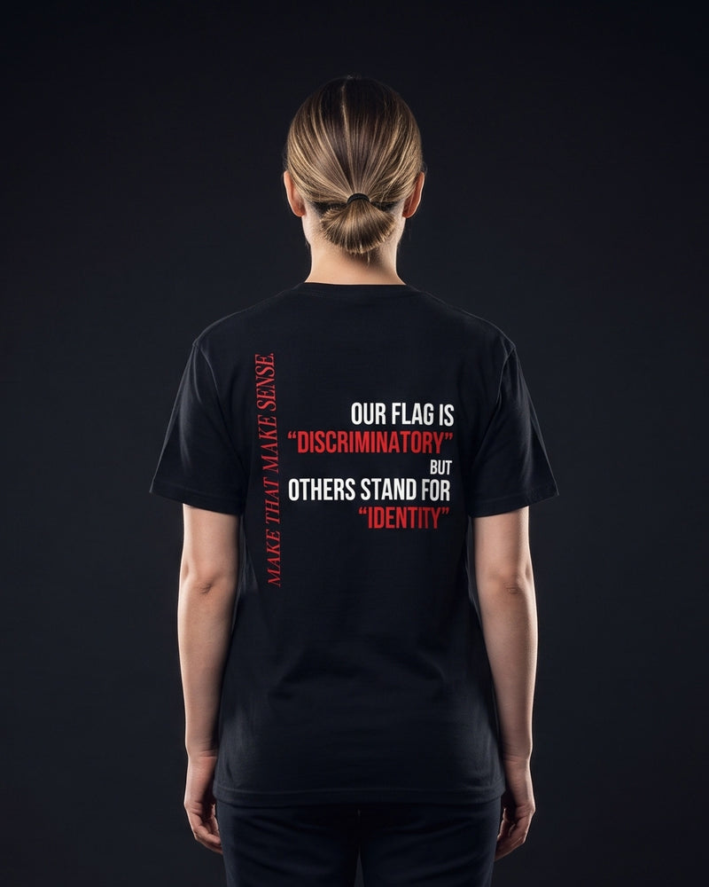 Frau trägt das WORN OPINIONS T-Shirt Make that make sense in Schwarz von hinten, Rückenprint Our flag is discriminatory but others stand for identity