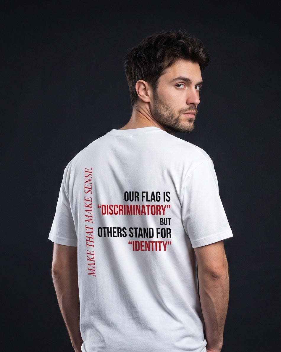 Mann trägt das WORN OPINIONS T-Shirt Make that make sense in Weiß von hinten, Rückenprint Our flag is discriminatory but others stand for identity