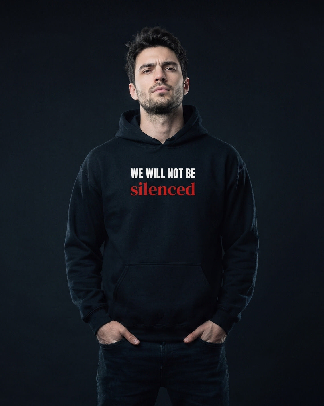Mann trägt den WORN OPINIONS Hoodie We will not be silenced in Schwarz, Brustprint: WE WILL NOT BE silenced